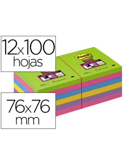 Bloc de notas adhesivas quita y pon post-it super stick ultra 76x76 mm pack de 12 bloc verde rosa amarilla