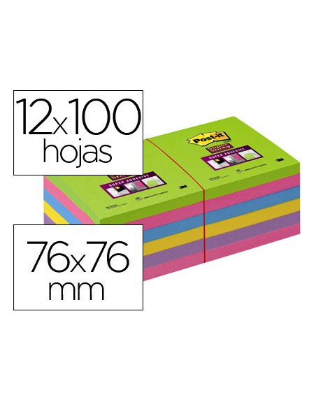 Bloc de notas adhesivas quita y pon post-it super stick ultra 76x76 mm pack de 12 bloc verde rosa amarilla