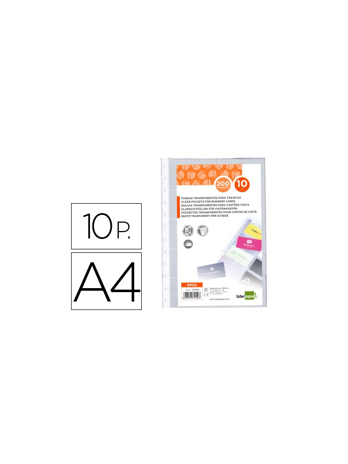 Recambio fundas liderpapel din a4 para tarjetero bolsa de 10 hojas capacidad 20 tarjetas por hoja Recambio fundas liderpapel din a4 para tarjetero bolsa de 10 hojas capacidad 20 tarjetas por hoja