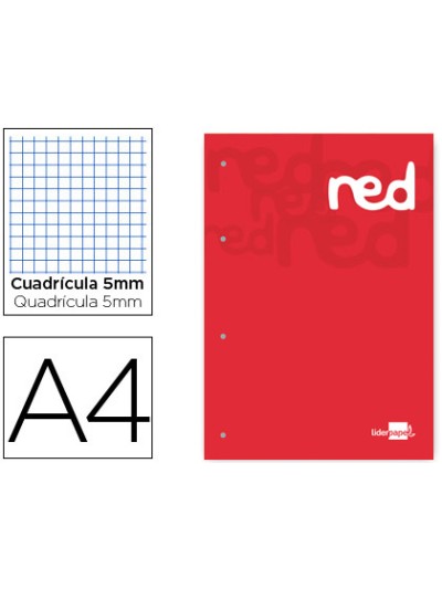 Bloc encolado liderpapel cuadro 5 mm rojo a4 natural 100 hojas 100 g/m2