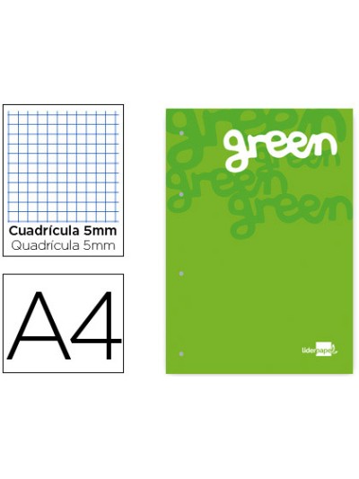 Bloc encolado liderpapel cuadro 5 mm verde a4 natural 100 hojas 100 g/m2