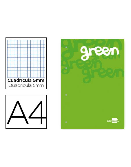 Bloc encolado liderpapel cuadro 5 mm verde a4 natural 100 hojas 100 g/m2