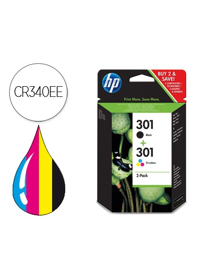 Ink jet hp 301 pack con tinta negra y tinta tricolor 1000/1001 3000/ 3050/3050se/3050ve 1050a/2050a/2054a/3050a