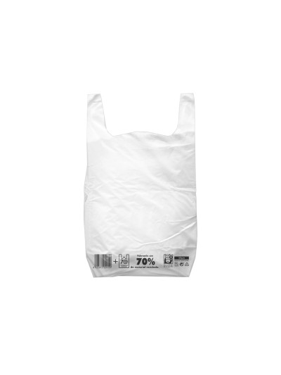 Bolsa camiseta reciclada 70% blanca 42x53 cm reutilizable 1 kg paquete de 55 unidades