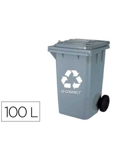 Papelera contenedor q-connect plastico gris para desechos en general 100 l con tapa y ruedas 750x470x370 mm