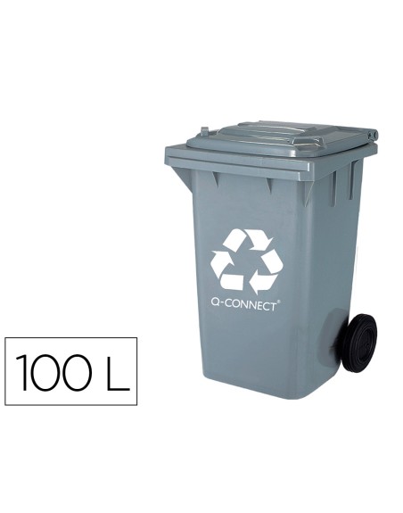 Papelera contenedor q-connect plastico gris para desechos en general 100 l con tapa y ruedas 750x470x370 mm