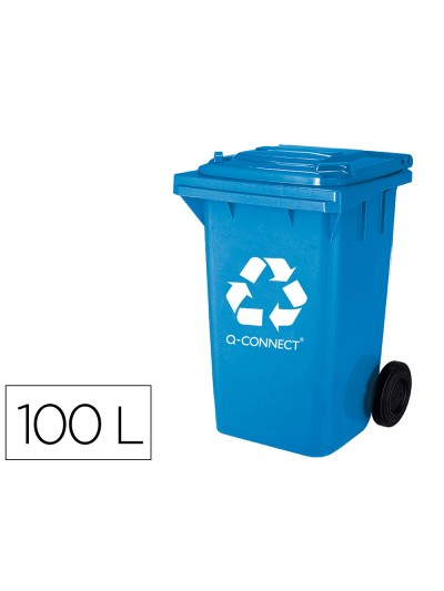 Papelera contenedor q-connect plastico azul para papel y carton 100l con tapa y ruedas 750x470x370 mm