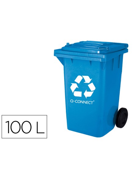 Papelera contenedor q-connect plastico azul para papel y carton 100l con tapa y ruedas 750x470x370 mm