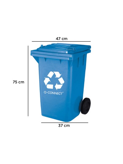 Papelera contenedor q-connect plastico azul para papel y carton 100l con tapa y ruedas 750x470x370 mm