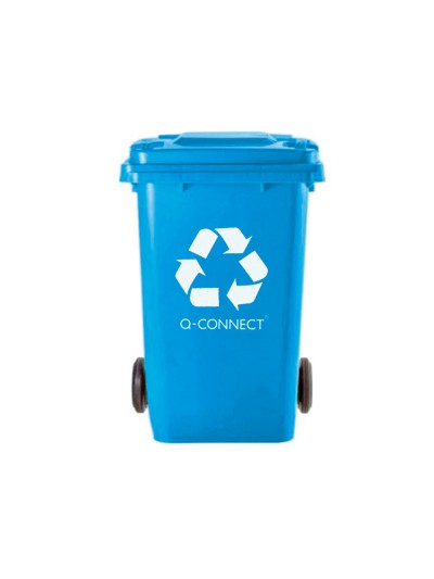 Papelera contenedor q-connect plastico azul para papel y carton 100l con tapa y ruedas 750x470x370 mm