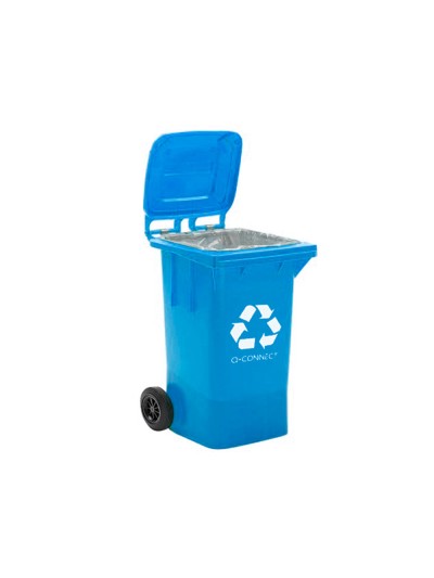 Papelera contenedor q-connect plastico azul para papel y carton 100l con tapa y ruedas 750x470x370 mm