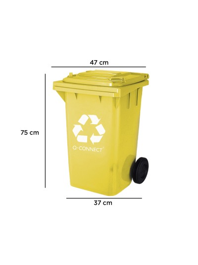 Papelera contenedor q-connect plastico amarillo para plasticos y envases metalicos 100l con tapa y ruedas 750x470x370 mm