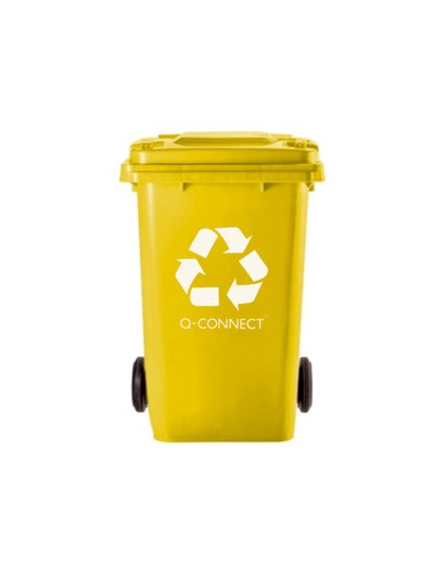 Papelera contenedor q-connect plastico amarillo para plasticos y envases metalicos 100l con tapa y ruedas 750x470x370 mm