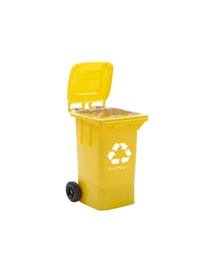 Papelera contenedor q-connect plastico amarillo para plasticos y envases metalicos 100l con tapa y ruedas 750x470x370 mm