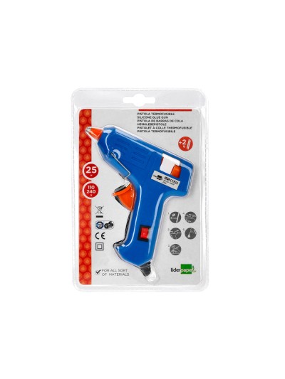 Pistola termofusible mini liderpapel de 25w con gatillo dispensador y 2 barras de repuesto de 7 mm diametro x 100 mm