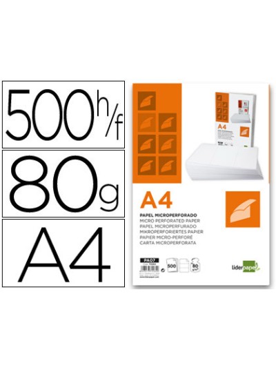 Papel liderpapel a4 80g/m2 liso microperforado en tres partes iguales paquete de 500 hojas