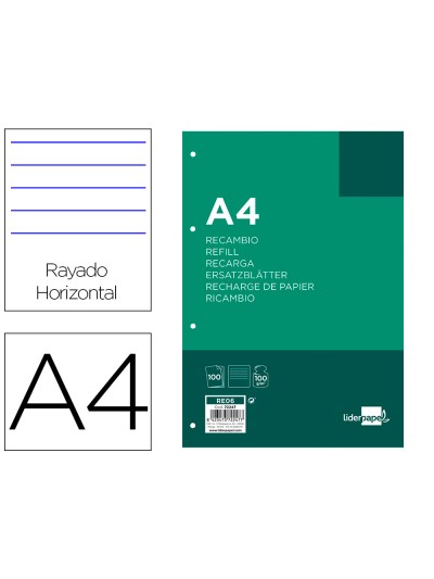 Recambio liderpapel a4 100 hojas 100 g/m2 rayado horizontal 4 taladros bandas de 5 colores