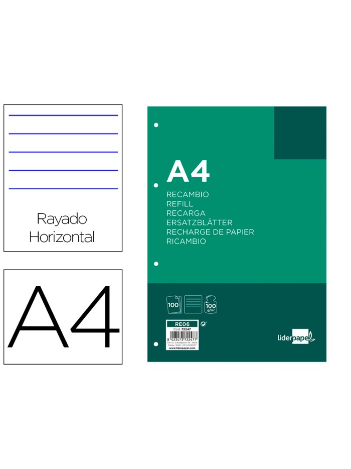 Recambio liderpapel a4 100 hojas 100 g/m2 rayado horizontal 4 taladros bandas de 5 colores