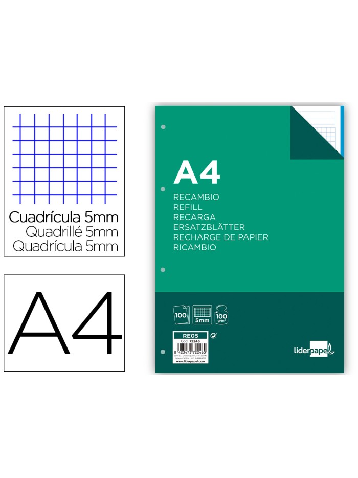 Recambio liderpapel a4 100 hojas 100g/m2 cuadro 5mm 4 taladros bandas de 5 colores Recambio liderpapel a4 100 hojas 100g/m2 cuadro 5mm 4 taladros bandas de 5 colores