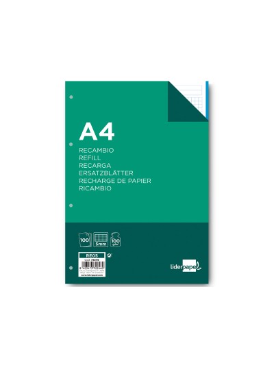 Recambio liderpapel a4 100 hojas 100g/m2 cuadro 5mm 4 taladros bandas de 5 colores