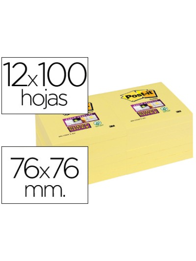 Bloc de notas adhesivas quita y pon post-it super sticky 76x76 mm con 12 bloc amarillo canario