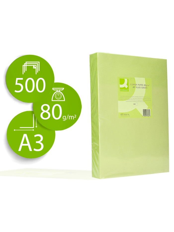 Papel color q-connect din a3 80gr verde neon paquete de 500 hojas Papel color q-connect din a3 80gr verde neon paquete de 500 hojas