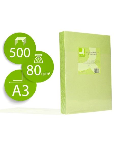 Papel color q-connect din a3 80gr verde neon paquete de 500 hojas