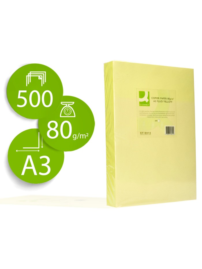 Papel color q-connect din a3 80gr amarillo neon paquete de 500 hojas Papel color q-connect din a3 80gr amarillo neon paquete de 500 hojas