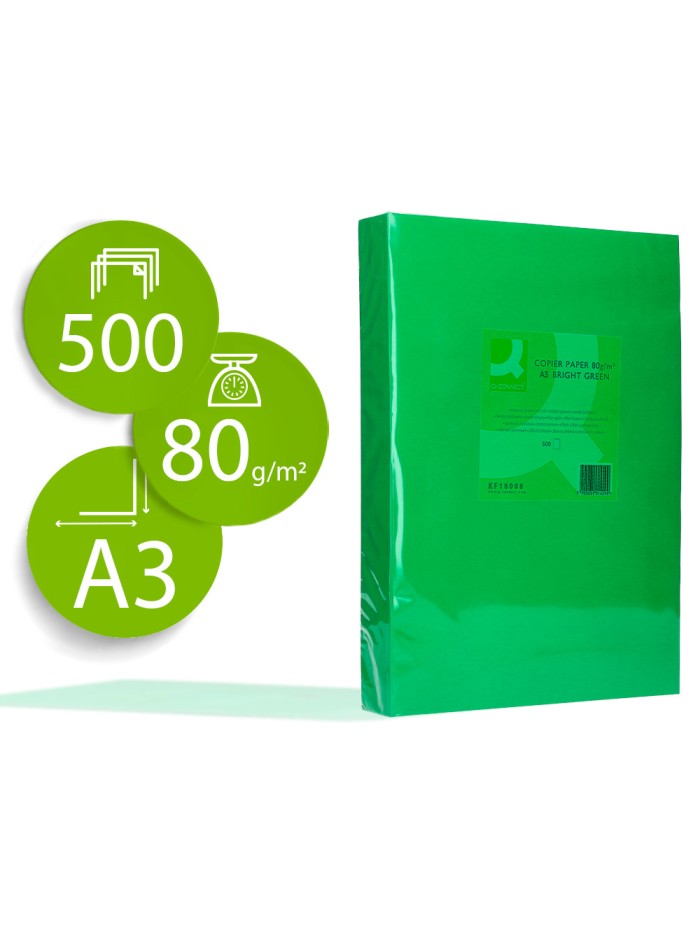 Papel color q-connect din a3 80gr verde intenso paquete de 500 hojas Papel color q-connect din a3 80gr verde intenso paquete de 500 hojas