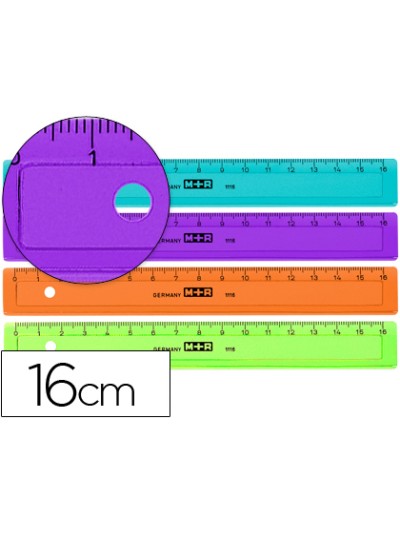 Regla m+r 16 cm plastico graduada y biselada colores surtidos