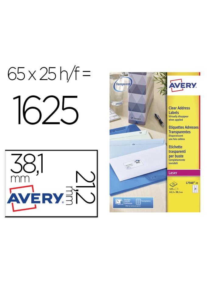 Etiqueta adhesivas resistente avery transparente 38,1x21,2 mm caja de 1625 unidades Etiqueta adhesivas resistente avery transparente 38,1x21,2 mm caja de 1625 unidades