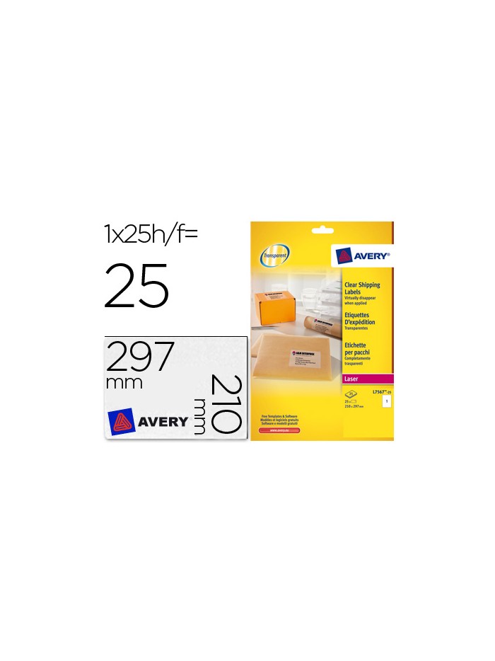 Etiqueta adhesivas resistente avery transparente 210x297 mm caja de 25 unidades Etiqueta adhesivas resistente avery transparente 210x297 mm caja de 25 unidades