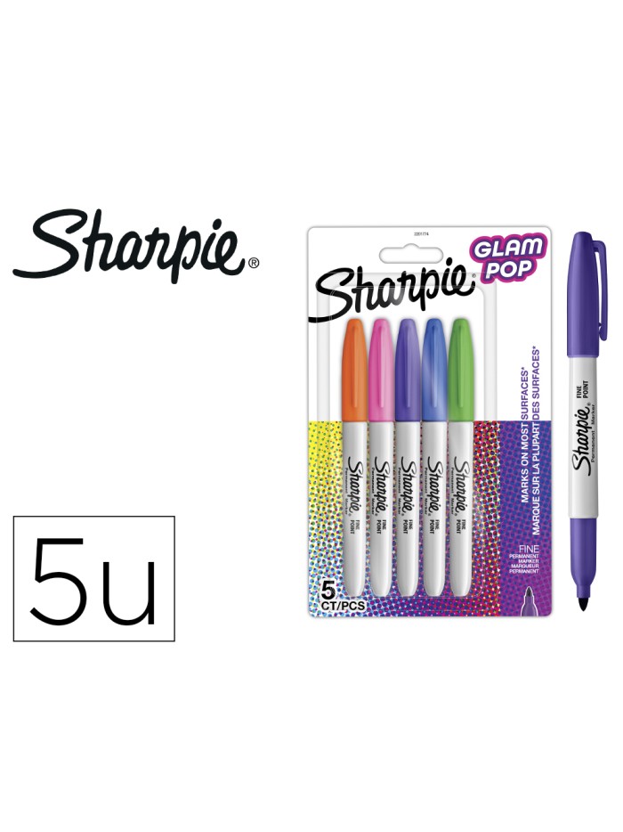 Rotulador sharpie permanente fino glam pop blister de 5 unidades colores surtidos Rotulador sharpie permanente fino glam pop blister de 5 unidades colores surtidos