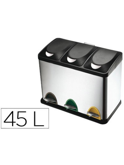 Papelera contenedor q-connect metalica con tapadera de plastico y pedal 3 depositos 45l 605x340x485 mm