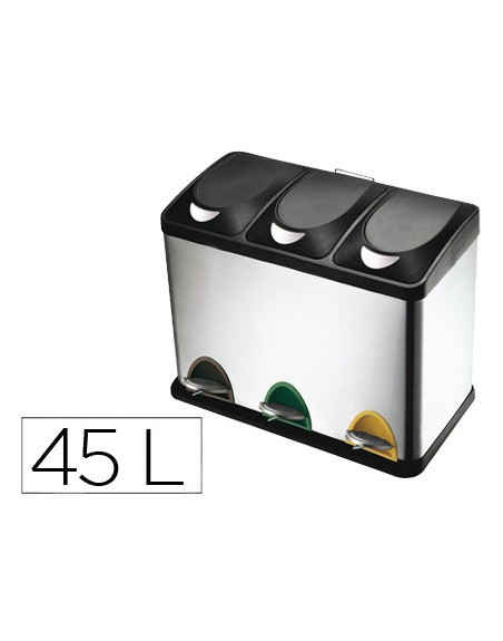 Papelera contenedor q-connect metalica con tapadera de plastico y pedal 3 depositos 45l 605x340x485 mm