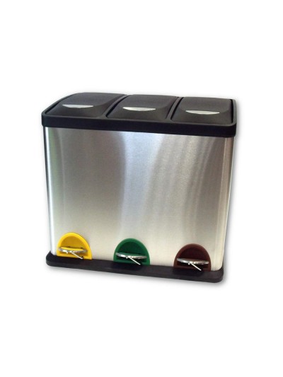Papelera contenedor q-connect metalica con tapadera de plastico y pedal 3 depositos 45l 605x340x485 mm