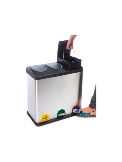 Papelera contenedor q-connect metalica con tapadera de plastico y pedal 3 depositos 45l 605x340x485 mm