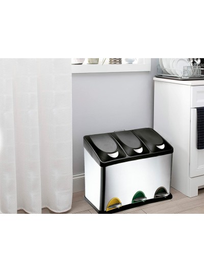 Papelera contenedor q-connect metalica con tapadera de plastico y pedal 3 depositos 45l 605x340x485 mm