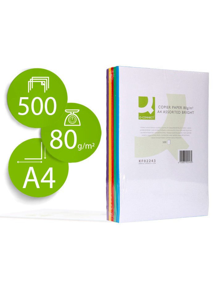 Papel color q-connect din a4 80 gr 5 colores surtidos intensos paquete de 500 hojas Papel color q-connect din a4 80 gr 5 colores surtidos intensos paquete de 500 hojas