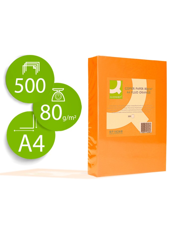 Papel color q-connect din a4 80gr naranja neon paquete de 500 hojas Papel color q-connect din a4 80gr naranja neon paquete de 500 hojas