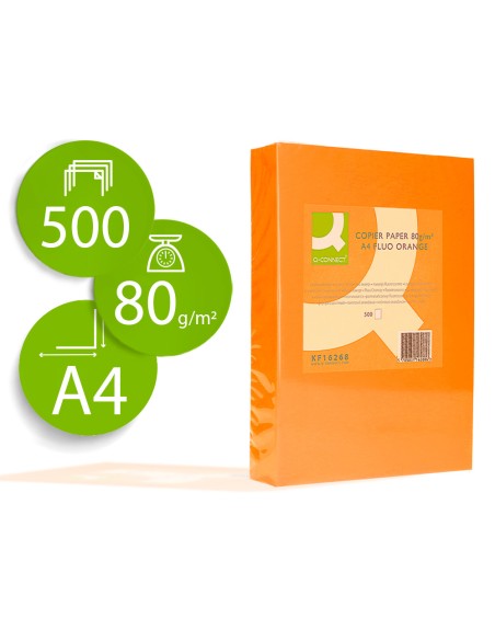 Papel color q-connect din a4 80gr naranja neon paquete de 500 hojas