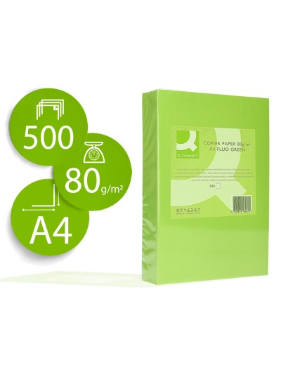 Papel color q-connect din a4 80gr verde neon paquete de 500 hojas