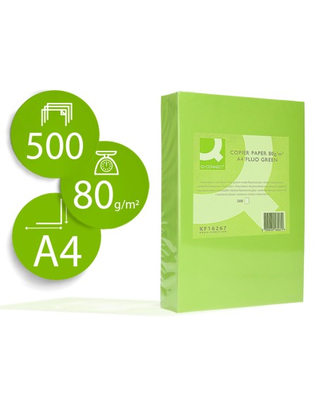 Papel color q-connect din a4 80gr verde neon paquete de 500 hojas