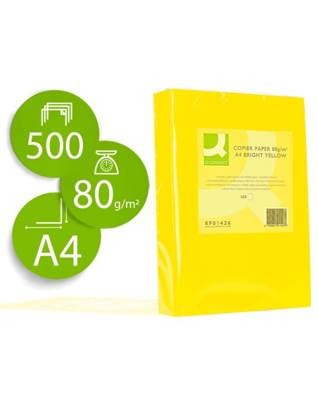 Papel color q-connect din a4 80gr amarillo intenso paquete de 500 hojas