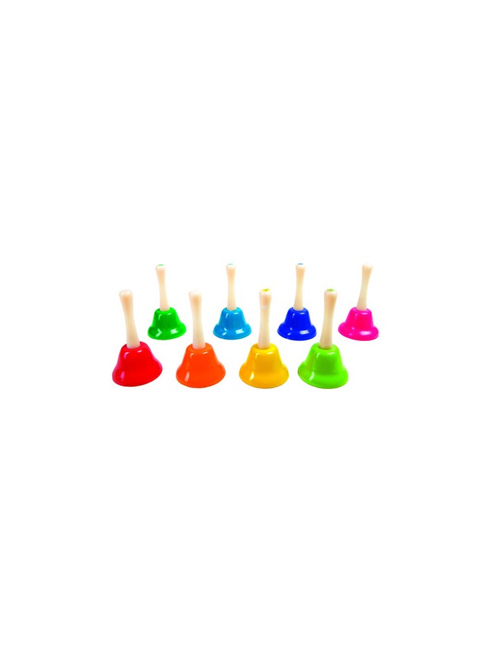 Campanita pequeña amaya de mano con mango tradicional escala diatonica set de 8 unidades colores surtidos Campanita pequeña amaya de mano con mango tradicional escala diatonica set de 8 unidades colores surtidos