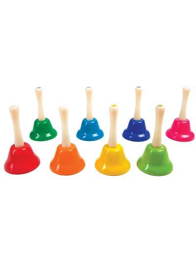 Campanita pequeña amaya de mano con mango tradicional escala diatonica set de 8 unidades colores surtidos