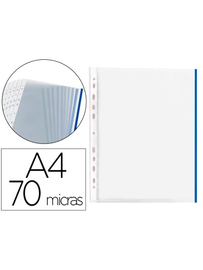 Funda multitaladro q-connect din a4 70 mc pp cristal con borde azul bolsa de 10 unidades