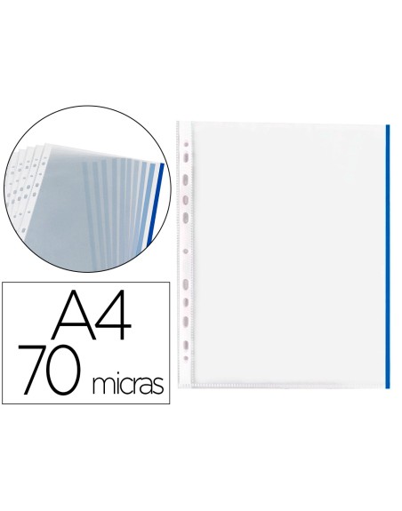 Funda multitaladro q-connect din a4 70 mc pp cristal con borde azul bolsa de 10 unidades