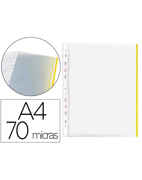 Funda multitaladro q-connect din a4 70 mc pp cristal con borde amarillo bolsa de 10 unidades