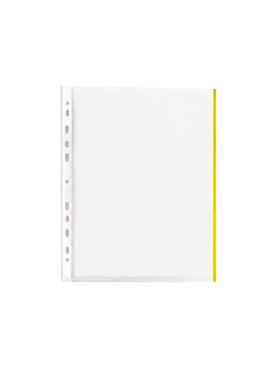 Funda multitaladro q-connect din a4 70 mc pp cristal con borde amarillo bolsa de 10 unidades